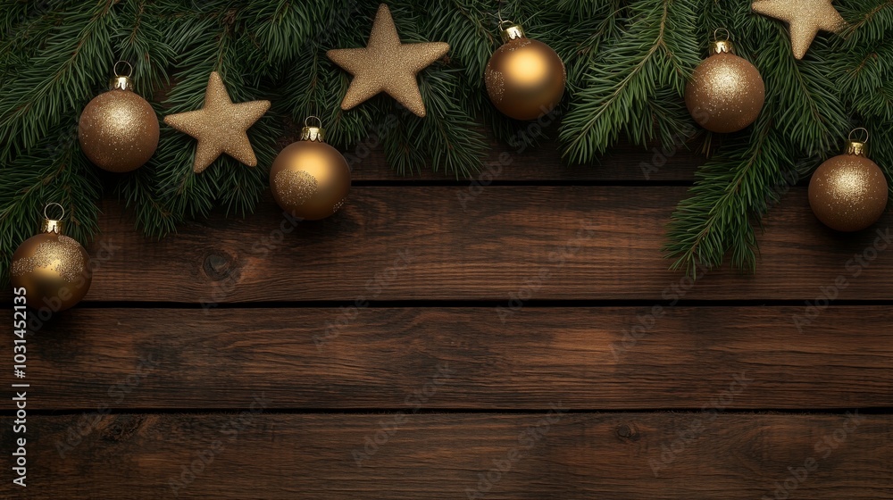 Festive Christmas Decorations with Golden Ornaments and Pine Festive Christmas Decorations with Golden Ornaments and Pine