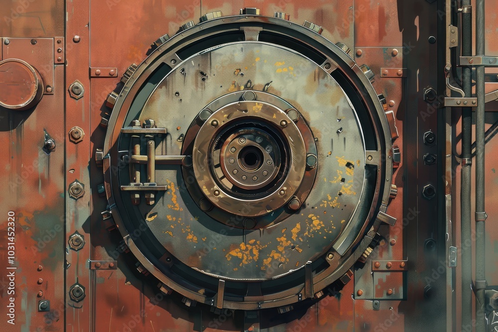 Fototapeta premium A rusty old door with a large circular hole in the middle