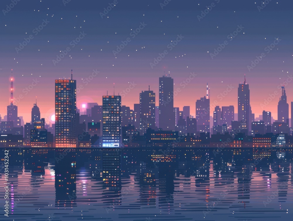 Obraz premium A city skyline is reflected in the water, with the sun setting in the background