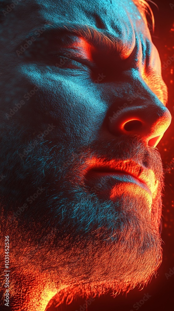 Fototapeta premium Stressed man close-up in high-res 3D with dramatic lighting.