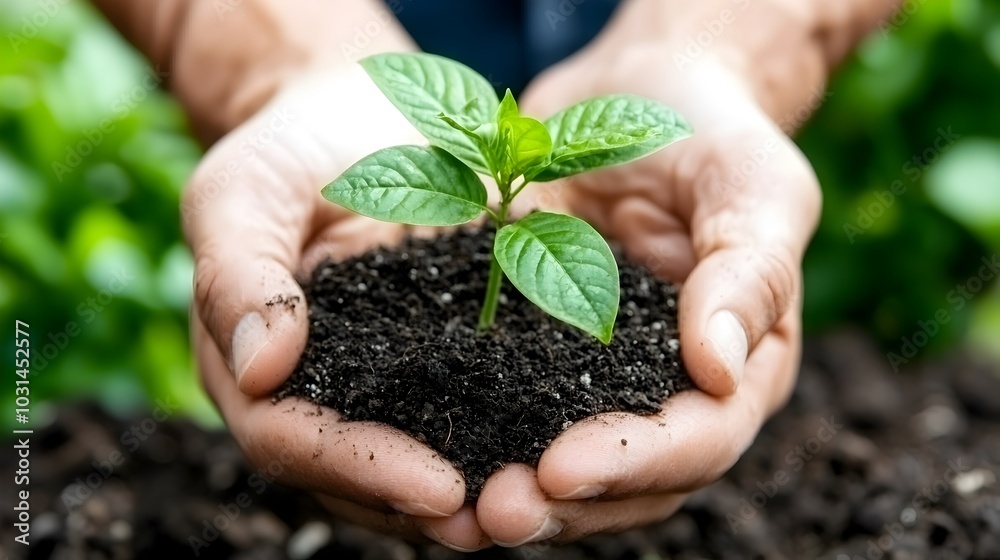 Close up of hands gently holding a small plant in rich fertile soil symbolizing the delicate act of nurturing growth environmental protection and a sustainable future