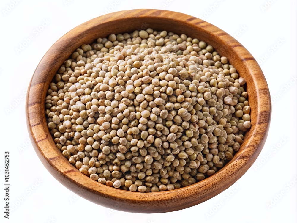 Hemp Seeds in Wooden Bowl - Aerial Photography for Healthy Eating and Nutrition Hemp Seeds in Wooden Bowl - Aerial Photography for Healthy Eating and Nutrition