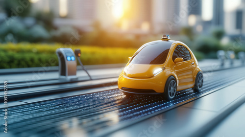 eco friendly rideshare service car is driving on futuristic road, showcasing advanced technology and sustainability. vibrant yellow vehicle stands out against urban backdrop, symbolizing innovation