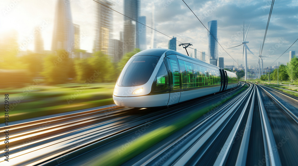 Naklejka premium sleek electric tram travels swiftly through futuristic cityscape, surrounded by modern skyscrapers and wind turbines, showcasing blend of technology and sustainability
