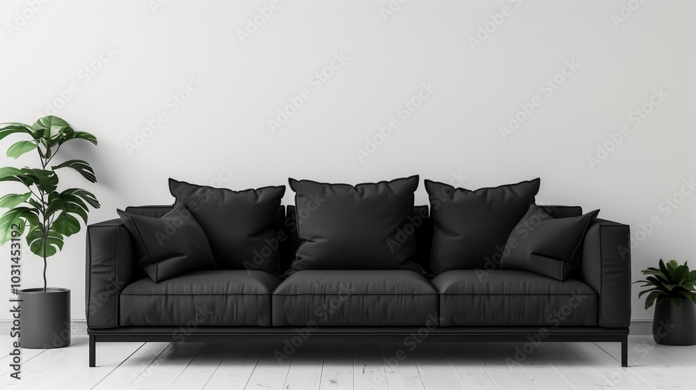 Fototapeta premium Black sofa leather with blank white wall in waiting room or living room
