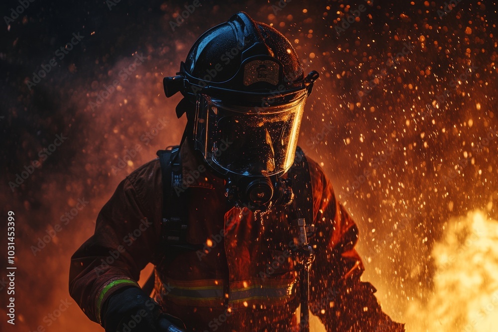 Intense firefighter battling flames with water hose in dramatic lighting, action-packed scene capturing determination in the heat. Intense firefighter battling flames with water hose in dramatic lighting, action-packed scene capturing determination in the heat.