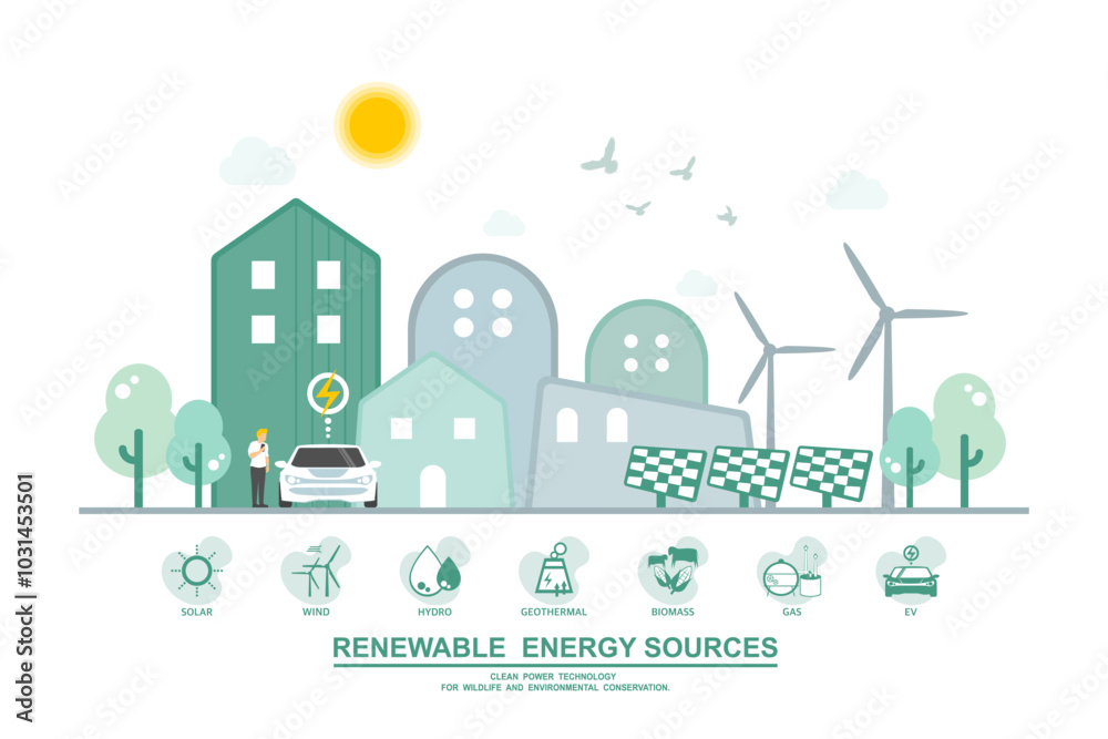 Caring for the environment and using clean green energy, Renewable energy net zero emission, Green city concept, Electric vehicle Technology, Wind power generator and Photovoltaics system industrial. Caring for the environment and using clean green energy, Renewable energy net zero emission, Green city concept, Electric vehicle Technology, Wind power generator and Photovoltaics system industrial.