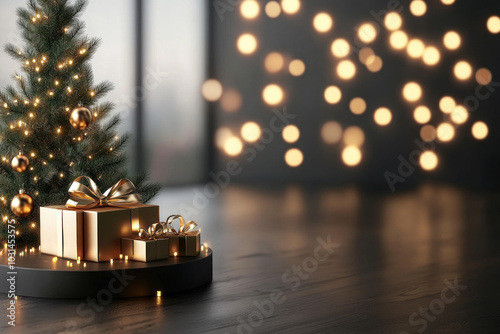 Small Christmas tree adorned with colorful presents underneath, casting a festive and cozy glow in a dimly lit room.