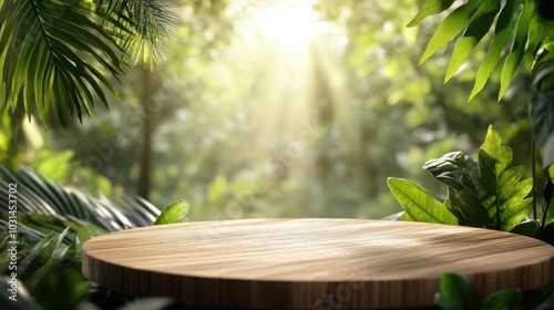 Wooden podium in a jungle setting, sunlight streaming through leaves, ideal for organic product presentations.