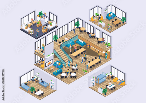 Isometric Kit of Rooms in a Student Dormitory. Large Hall with Seating and a Kitchen. Cozy Bedrooms. Characters, Personage