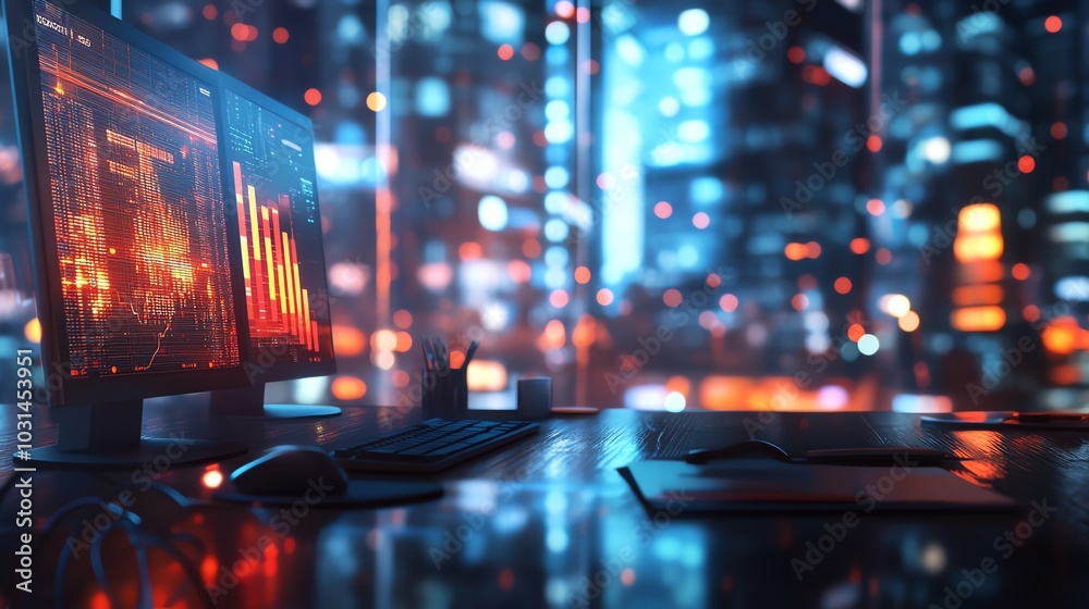 Modern desk with computer screens displaying data graphs. Modern desk with computer screens displaying data graphs.