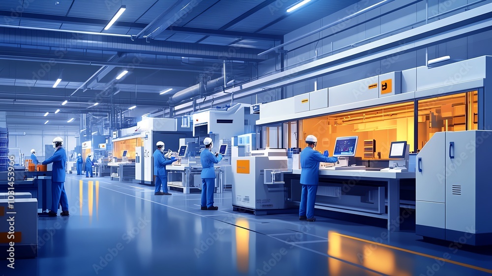 Modern manufacturing facility with workers and machinery.