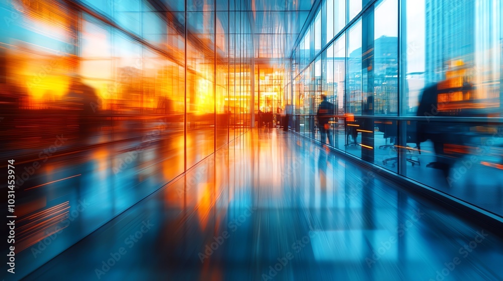 Modern hallway with blurred motion and beautiful sunset lighting Modern hallway with blurred motion and beautiful sunset lighting