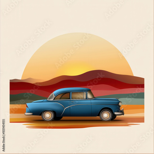 classic vintage car is silhouetted against stunning sunset backdrop, showcasing vibrant colors of landscape. scene evokes sense of nostalgia and adventure