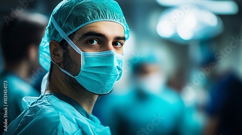 Surgeon in scrubs and mask, focused in the operating room.