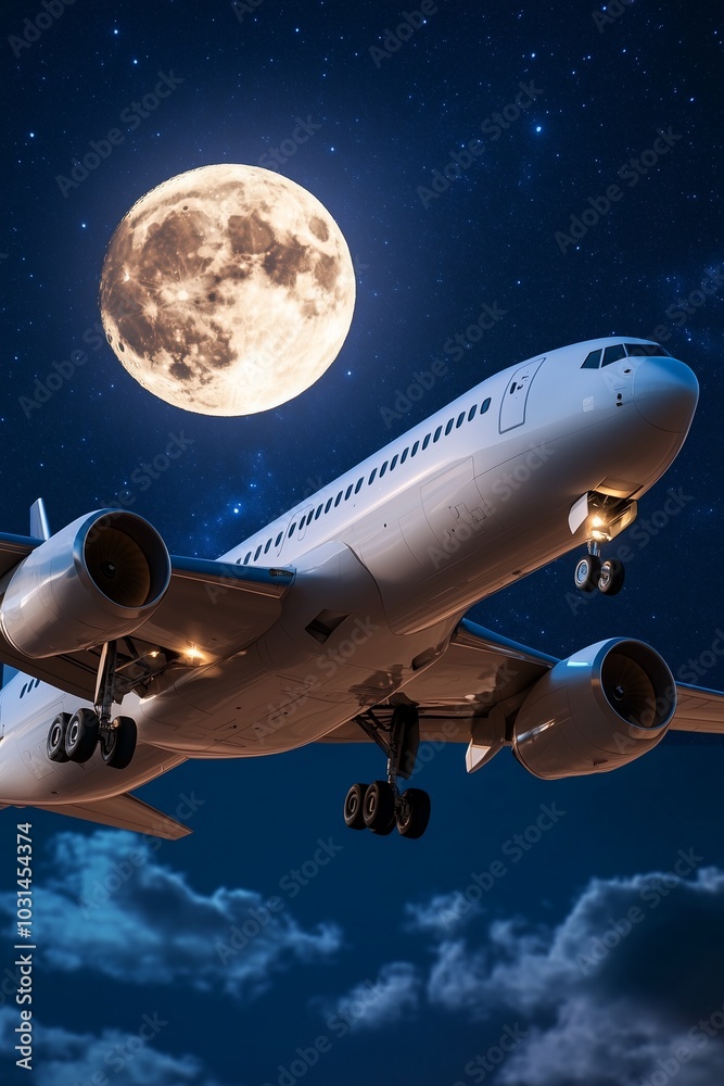 A dramatic night scene featuring a commercial airplane flying beneath a bright full moon amidst starry skies. A dramatic night scene featuring a commercial airplane flying beneath a bright full moon amidst starry skies.