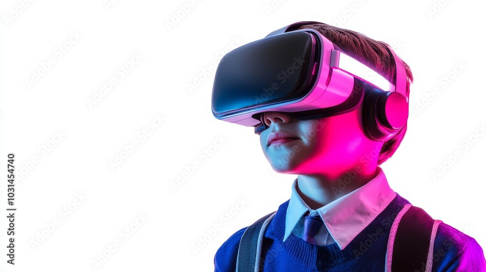 Young boy in school uniform using VR headset for virtual classroom experience on white background Young boy in school uniform using VR headset for virtual classroom experience on white background