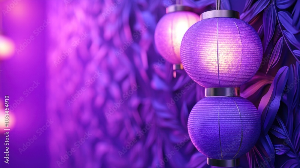 Fototapeta premium 3D decorative purple wallpaper showcasing traditional festival elements elegant texture combined with digital lighting vibrant and festive atmosphere
