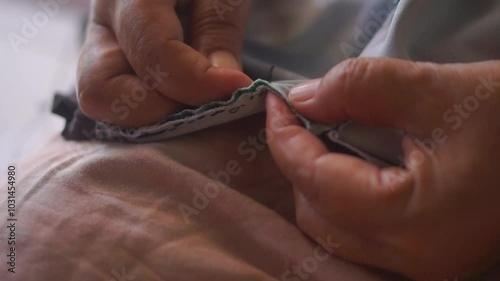 The process of sewing cloth by hand