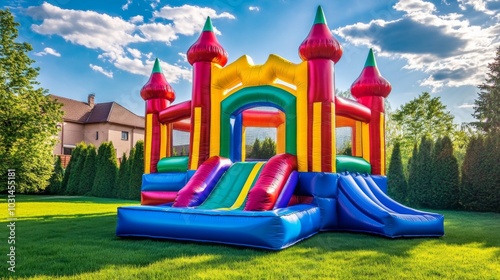 Inflatable Castle with Rainbow Archway in Colorful Garden Scene on a Sunny Day