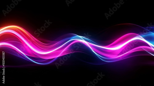 Abstract digital art with vibrant wave-like pattern on dark background in pink, blue, and orange colors. Futuristic and dynamic mood.