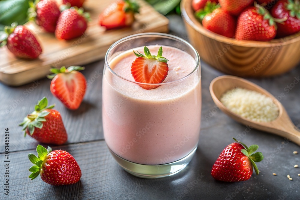 Strawberry smoothie close-up with fresh strawberries and sesame seeds Strawberry smoothie close-up with fresh strawberries and sesame seeds