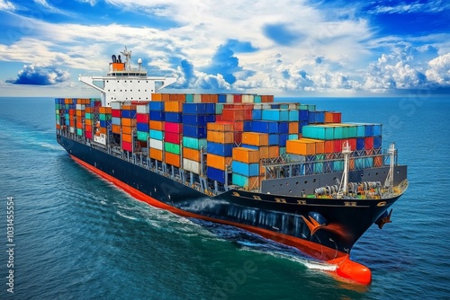 Large Black Cargo Ship Sailing in Ocean with Colorful Containers, Cranes, and Equipment on Deck in Peaceful Blue Scene