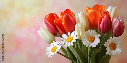 Fresh spring bouquet with tulips and daisies, placed on a light, vibrant background with text space.