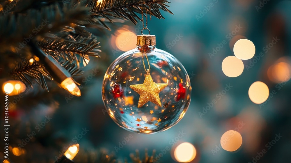 Cheerful Festive Close-Up of Christmas Bauble on Tree with Glitter and Bokeh Lights in Blue-Green Background Cheerful Festive Close-Up of Christmas Bauble on Tree with Glitter and Bokeh Lights in Blue-Green Background