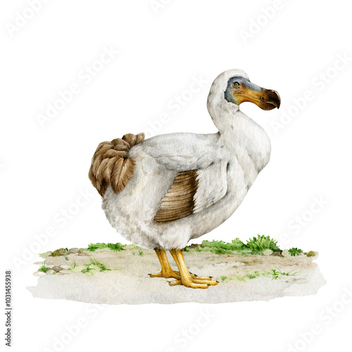 Dodo bird standing on the ground. Watercolor vintage style illustration. Hand drawn extinct flightless bird. Raphus cucullatus avian. Dodo standing side view isolated on white background photo