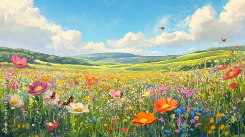 A vibrant field of wildflowers blooms under a bright blue sky with fluffy clouds and butterflies flitting through the air.