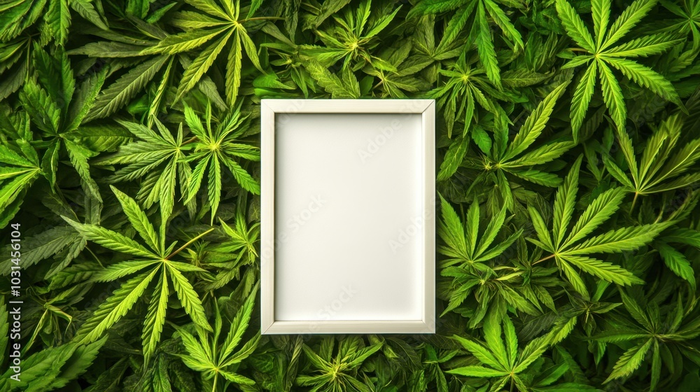 Lush Green Marijuana Leaves Surrounding Minimalistic White Frame with Copy Space