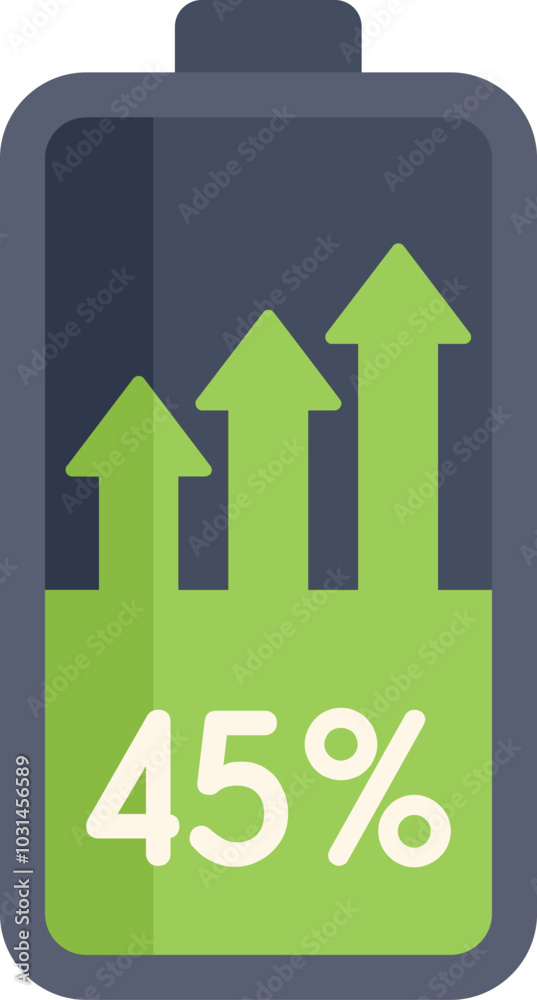 Battery icon displaying a positive trend with three ascending arrows gradually increasing in size, symbolizing growth and progress, reaching a charge level of 45 percent Battery icon displaying a positive trend with three ascending arrows gradually increasing in size, symbolizing growth and progress, reaching a charge level of 45 percent
