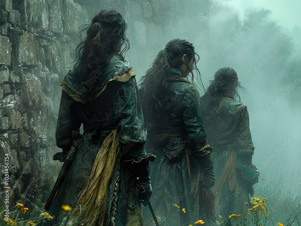 Three Women in Foggy Ruins: A Mysterious Fantasy Scene Three Women in Foggy Ruins: A Mysterious Fantasy Scene