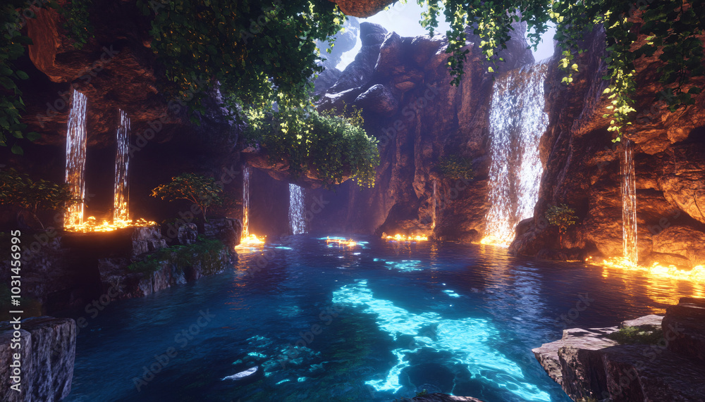A deep canyon where the sun never fully rises or sets, creating a perpetual twilight. Strange vines hang from the cliffs A deep canyon where the sun never fully rises or sets, creating a perpetual twilight. Strange vines hang from the cliffs