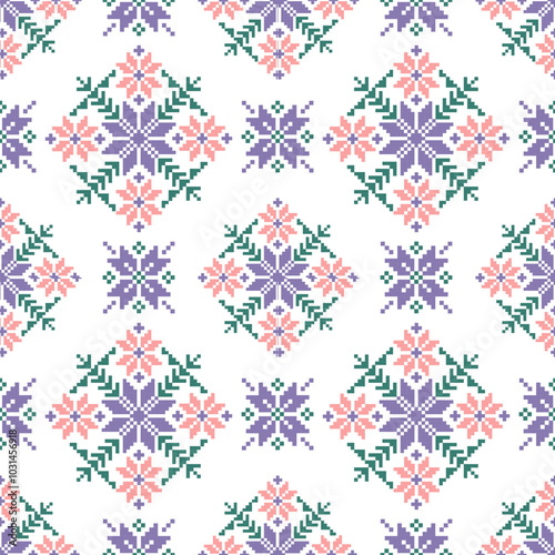 Art Abstract with Floral Pixel Designs. Traditional Cross Stitch needlework. Geometric Ethnic Pattern, Embroidery, Textile Ornamental, Fabric, Hand Stitch Pattern, Cultural Stitching Pixel Art