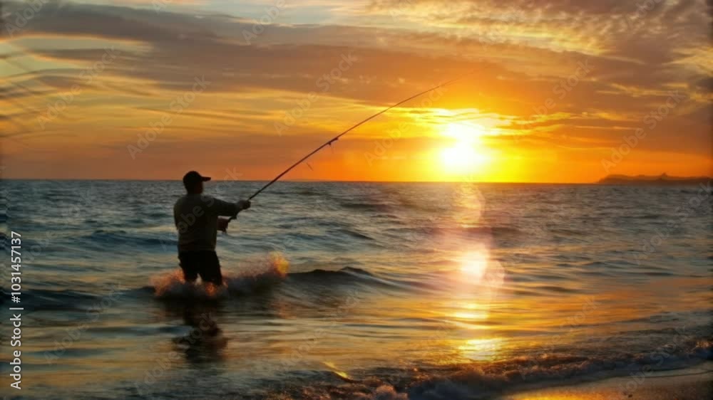 Silhouette of a Fisherman Casting a Line at Sunset Silhouette of a Fisherman Casting a Line at Sunset