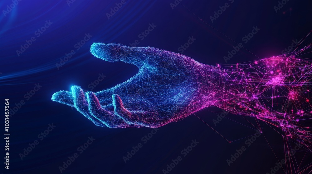 Innovative tech concept with digital hand reaching out in virtual network, 3D rendering. Innovative tech concept with digital hand reaching out in virtual network, 3D rendering.