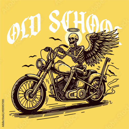 Vector Graphic of Death angel Grim skull ridding chopper bike isolated with yellow background