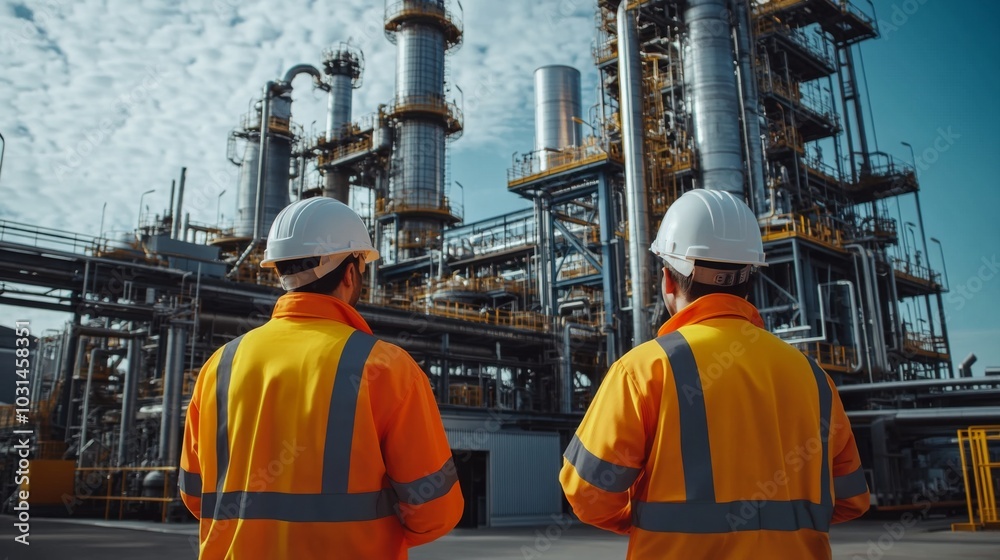 Two workers in high-vis jackets and hard hats stand by industrial plant, backs turned with reflective vests. Two workers in high-vis jackets and hard hats stand by industrial plant, backs turned with reflective vests.