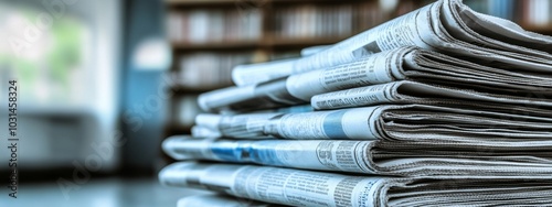Neatly stacked newspapers with blurred library background, focusing on tilted top newspaper and open bottom one.