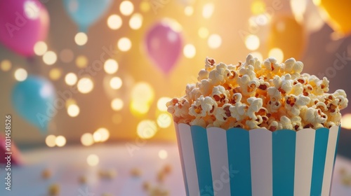 Happy party scene with people eating popcorn at a yellow-themed celebration, exuding joy and excitement. photo