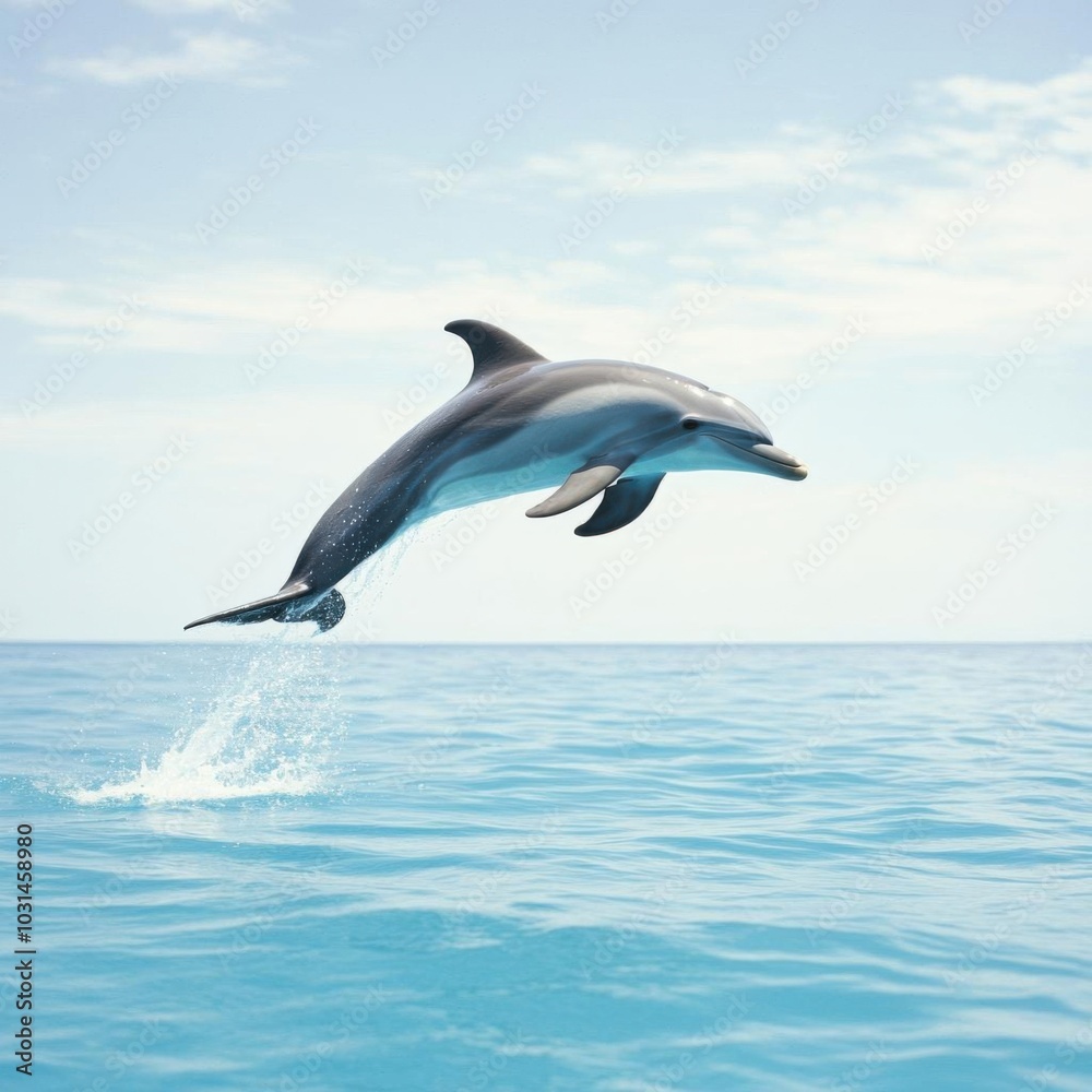 Fototapeta premium A dolphin leaps majestically from the blue ocean waters, highlighting its grace and playful nature under a clear sky.