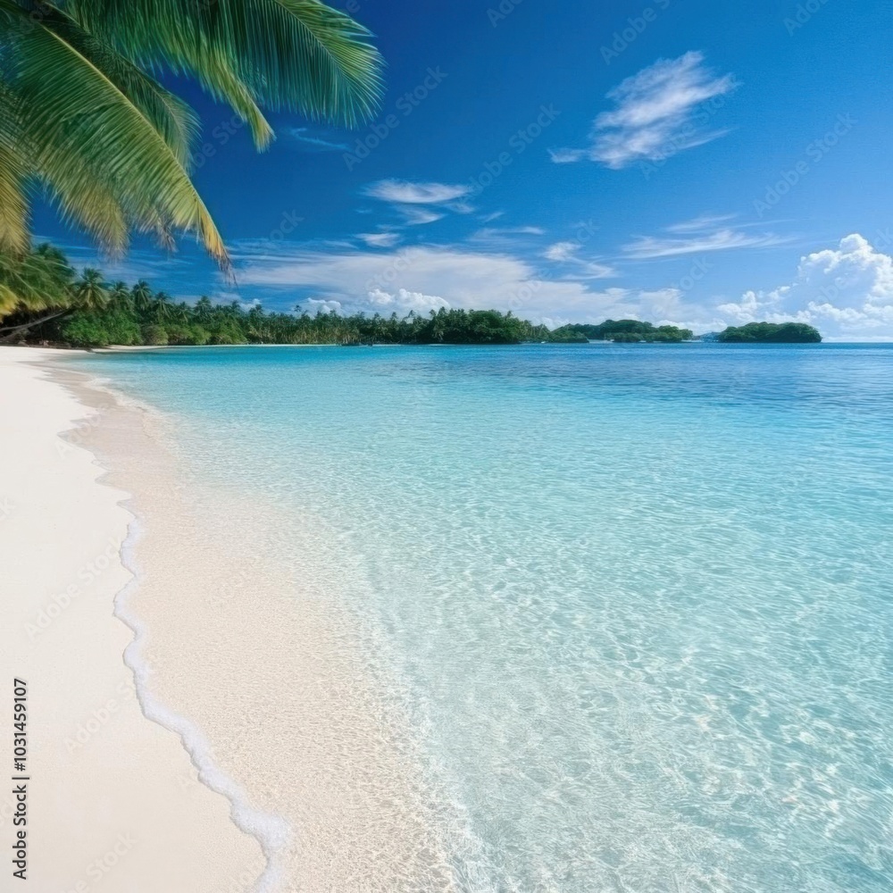 Fototapeta premium A serene beach with crystal clear water, soft white sand, and lush palm trees under a bright blue sky.