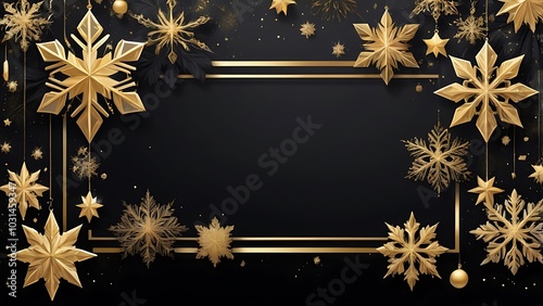 digital design abstract illustration with a festive theme, featuring a black background adorned with golden snowflakes and sparkling stars