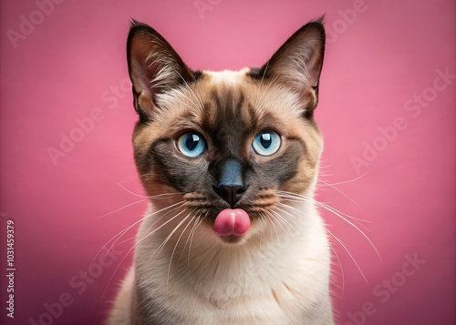 Hungry Seal Point Siamese Cat Portrait in Low Light on Pink Background