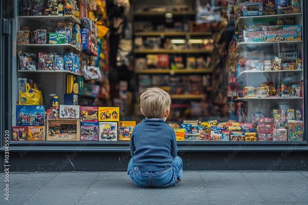 Naklejka premium Back view of a child sitting in front of a toy store