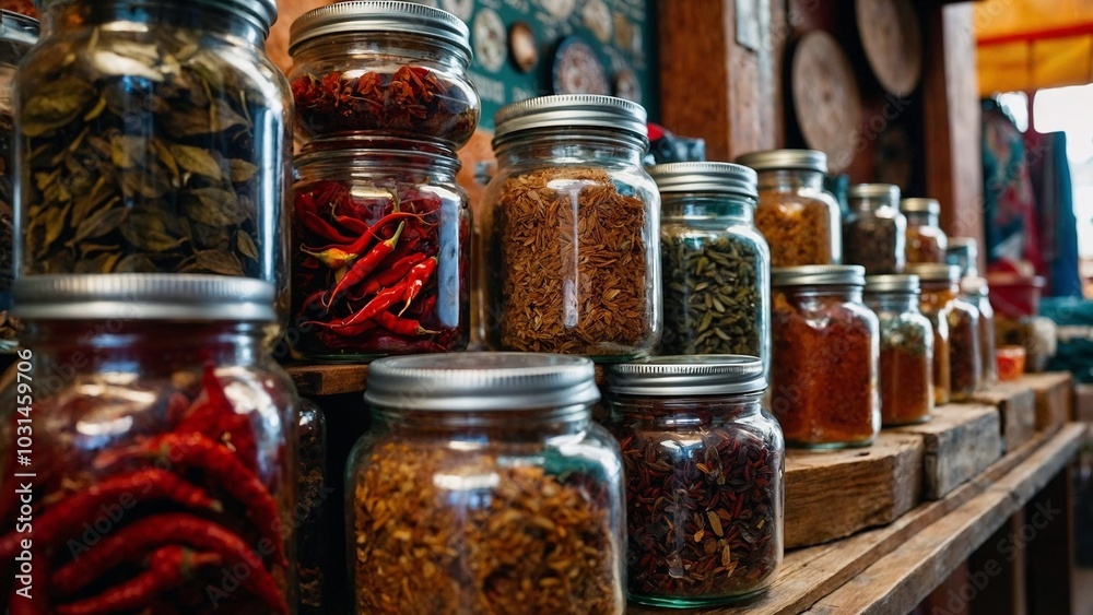 Jars of spices on a Mexican market with vibrant colors representing local flavors Jars of spices on a Mexican market with vibrant colors representing local flavors