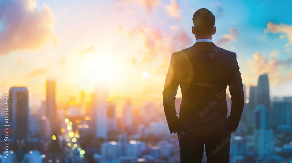 A senior executive in a suit stands at the edge of a city skyline, looking contemplative as they prepare to leave their office. Thinking, Transition, Success, Ambition, Opportunity, Challenge A senior executive in a suit stands at the edge of a city skyline, looking contemplative as they prepare to leave their office. Thinking, Transition, Success, Ambition, Opportunity, Challenge