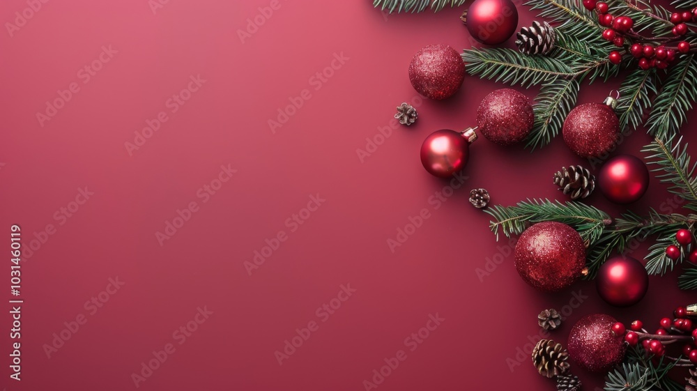 Red Christmas Ornaments and Pine Branches on Burgundy Background Red Christmas Ornaments and Pine Branches on Burgundy Background